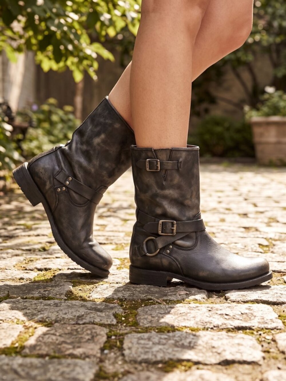 Frye Veronica crisscross strap harness moto boots